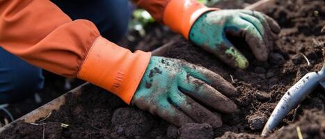 de cerca imagen de mujer s manos en jardinería guantes plantando tomate. foto