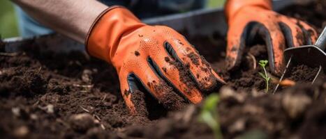 de cerca imagen de mujer s manos en jardinería guantes plantando tomate. foto