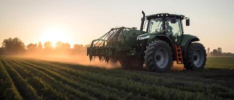 agricultura tractor pulverización plantas en un campo. foto