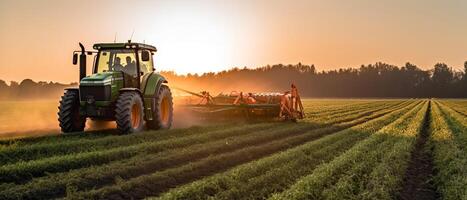 Farming tractor spraying plants in a field. photo
