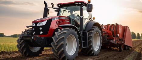 tractor en el granja - moderno agricultura equipo en campo foto