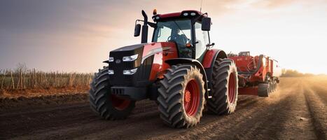 Tractor on the farm - modern agriculture equipment in field photo