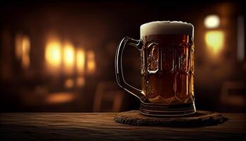 Glass mug of beer with foam in a bar, pub, brewery. Lager drink, pint, alcohol close-up. photo