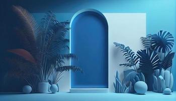 Blue studio stand for product on light background. Nature wall scene concept. Pastel color. Palm leaves. Generative, AI photo