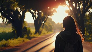 Asian tourist girl with a backpack stands alone on the road. Travel, trip adventure, tourism, freedom concept.. photo