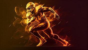 Professional american football player running and holding the ball, golden silhouette, dark background. photo