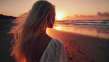 hermosa rubia mujer con largo pelo en un vestir solo a puesta de sol en el playa. mar, océano, verano día festivo, playa vacaciones. generativo ai foto