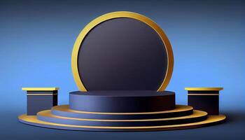 Empty blue and gold 3d cylinder podium, vacant pedestal, modern stage, showcase. Minimal abstract background. Advertising, award, win design, presentation mockup. photo