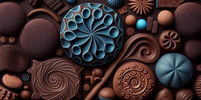 Close-up of delicious dark chocolates drops, cookie and dessert. Flat lay pattern on a brown background. Top view. photo