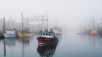 A foggy harbor with fishing boats. photo