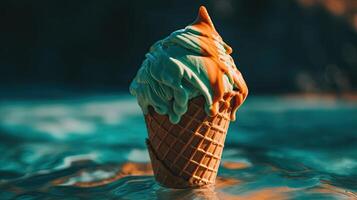 un vistoso hielo crema cono derritiendo en el Dom. generativo ai foto