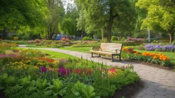 A garden with flowers trees and benches. photo