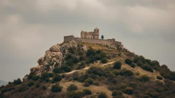 un fortaleza en un cima de la colina generativo ai foto