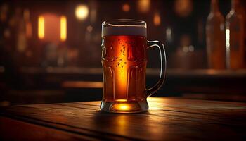 Glass mug of beer with foam in a bar, pub, brewery. Lager drink, pint, alcohol close-up. photo