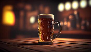 vaso jarra de cerveza con espuma en un bar, pub, cervecería. lager beber, medio litro, alcohol de cerca. generativo ai foto