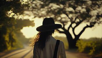 Asian tourist girl with a backpack stands alone on the road. Travel, trip adventure, tourism, freedom concept.. photo