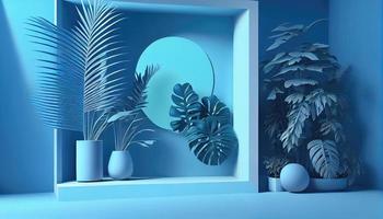 Blue studio stand for product on light background. Nature wall scene concept. Pastel color. Palm leaves. Generative, AI photo