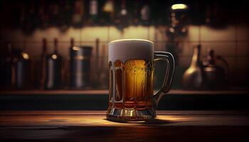 Glass mug of beer with foam in a bar, pub, brewery. Lager drink, pint, alcohol close-up. photo