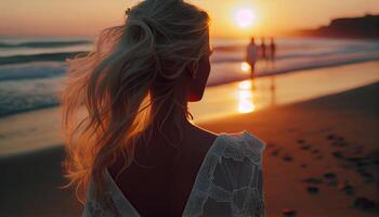 hermosa rubia mujer con largo pelo en un vestir solo a puesta de sol en el playa. mar, océano, verano día festivo, playa vacaciones. generativo ai foto