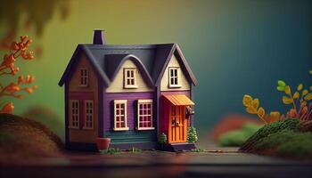 miniatura casa modelo, pequeño juguete hogar. propiedad venta, real bienes, inversión, hipoteca concepto. generativo ai foto
