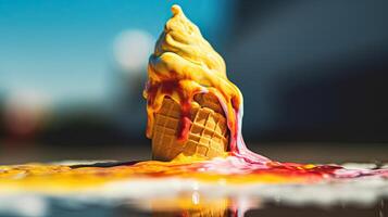 A colorful ice cream cone melting in the sun. photo