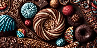 Close-up of delicious dark chocolates drops, cookie and dessert. Flat lay pattern on a brown background. Top view. photo