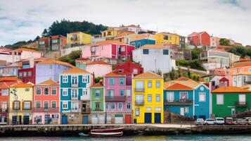 A coastal town with colorful buildings. photo