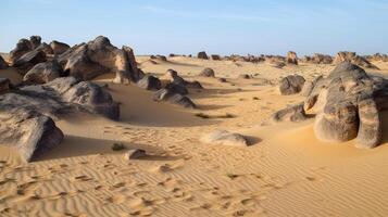 A desert with sand dunes and rock formations. photo