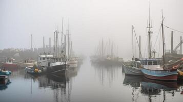 A foggy harbor with fishing boats. photo