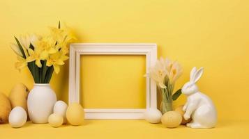 gratis foto un vacío blanco frontera marco decorado con lirio flores Conejo figurilla y Pascua de Resurrección huevos en amarillo fondo, generar ai