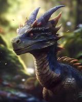 handsome anime dragon in Amazon rainforest, dnd character, background focus, fantasy, magic, realistic textured skin, generat ai photo