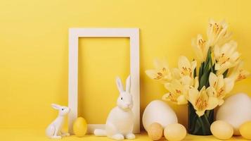 Free photo an empty white border frame decorated with lily flowers, rabbit figurine and easter eggs on yellow background, generat ai