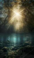 big fish swimming below the surface with trees and sunlight, in the style of otherworldly landscapes, generat ai photo