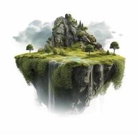 Floating fantasy island, with waterfall and green grass and trees, mountains, heaven touch on flying piece of land, clouds, isolated on white background, generat ai photo