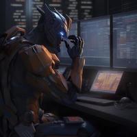 A picture of optimus prime as a forext trader looking at trading monitors with stock charts, photorealistic, 8k, generat ai photo