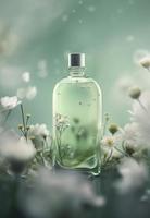 a small bottle with flowers is flying around, in the style of minimal retouching, gong bi, soft color blending, light green and white, layered imagery, generat ai photo