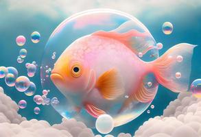 A surrealistic hyperrealistic fairytale cute cuddle fish. The background is a landscape with peach, pink and iridescent soap bubbles floating around, generat ai photo