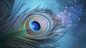 a bright blue background with one peacock feather, in the style of soft and dreamy pastels, glimmering light effects, nature-inspired imagery, generat ai photo