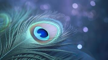 a bright blue background with one peacock feather, in the style of soft and dreamy pastels, glimmering light effects, nature-inspired imagery, generat ai photo