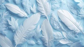 a bright blue background with one white feather, in the style of soft and dreamy pastels, glimmering light effects, nature inspired imagery, fairycore, soft focal points, generate ai photo