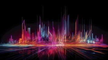 light lines with bright colors in a dark environment, in the style of futuristic landscapes, vibrant skylines, light bronze and magenta, light crimson and light blue, generat ai photo