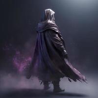 A dark and powerful being from the edge of the cosmos, its body is made of ashen mist and purple chaos, it wears an iridescent cloak that is reminicent of a nebula, generate ai photo