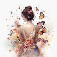 beautiful looking Girl and Butterflies in style of watercolor illustration, view from back side, carnation flowers arrangement decoration, plenty of butterflies, generate ai photo