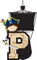 P is for Pirate with Ship Alphabet Learning Educational Illustration vector