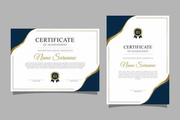 Modern blue and gold certificate template with badge and border