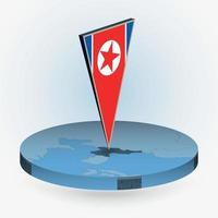 North Korea map in round isometric style with triangular 3D flag of North Korea vector