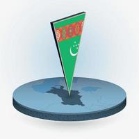 Turkmenistan map in round isometric style with triangular 3D flag of Turkmenistan vector
