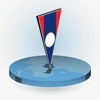 Laos map in round isometric style with triangular 3D flag of Laos vector