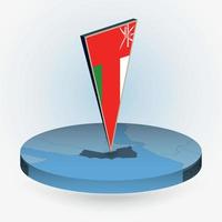 Oman map in round isometric style with triangular 3D flag of Oman vector