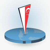 Singapore map in round isometric style with triangular 3D flag of Singapore vector